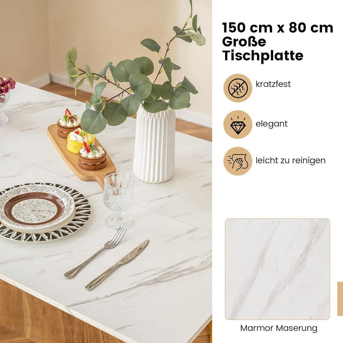 Esszimmer Set 4-teilig mit Marmoroptik & Barhockern