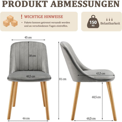 Samt Esszimmerstühle 4er Set – Hellgrau, Polsterstuhl mit Holzbeinen