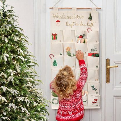 Adventskalender Stoff zum Aufhängen, 24 Fächer, Beige