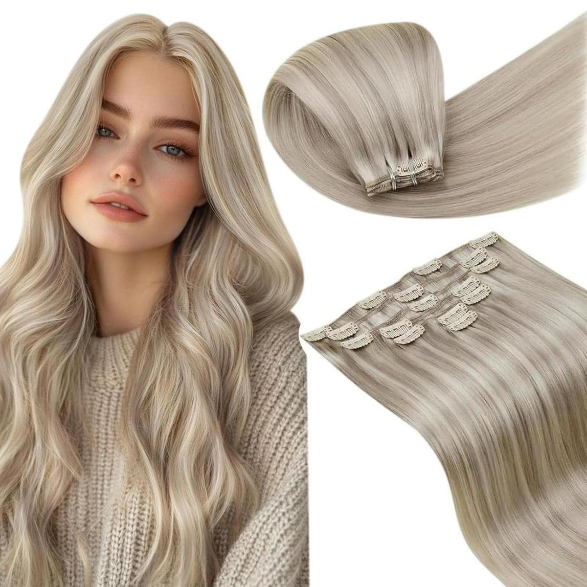 Clip-in Echthaar Extensions Aschblond Highlight 45cm