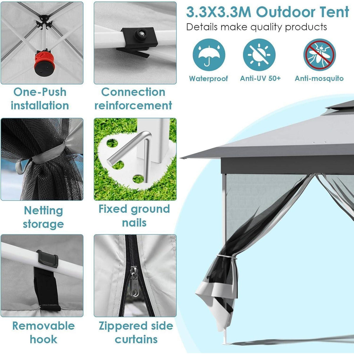 3x3m Pavillon mit Moskitonetzen, wasserdicht & stabil