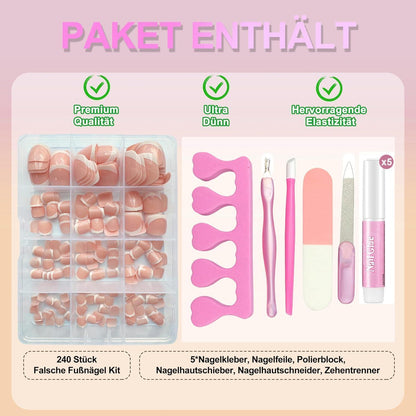 240er Set Falsche Fußnägel French Design Weiß