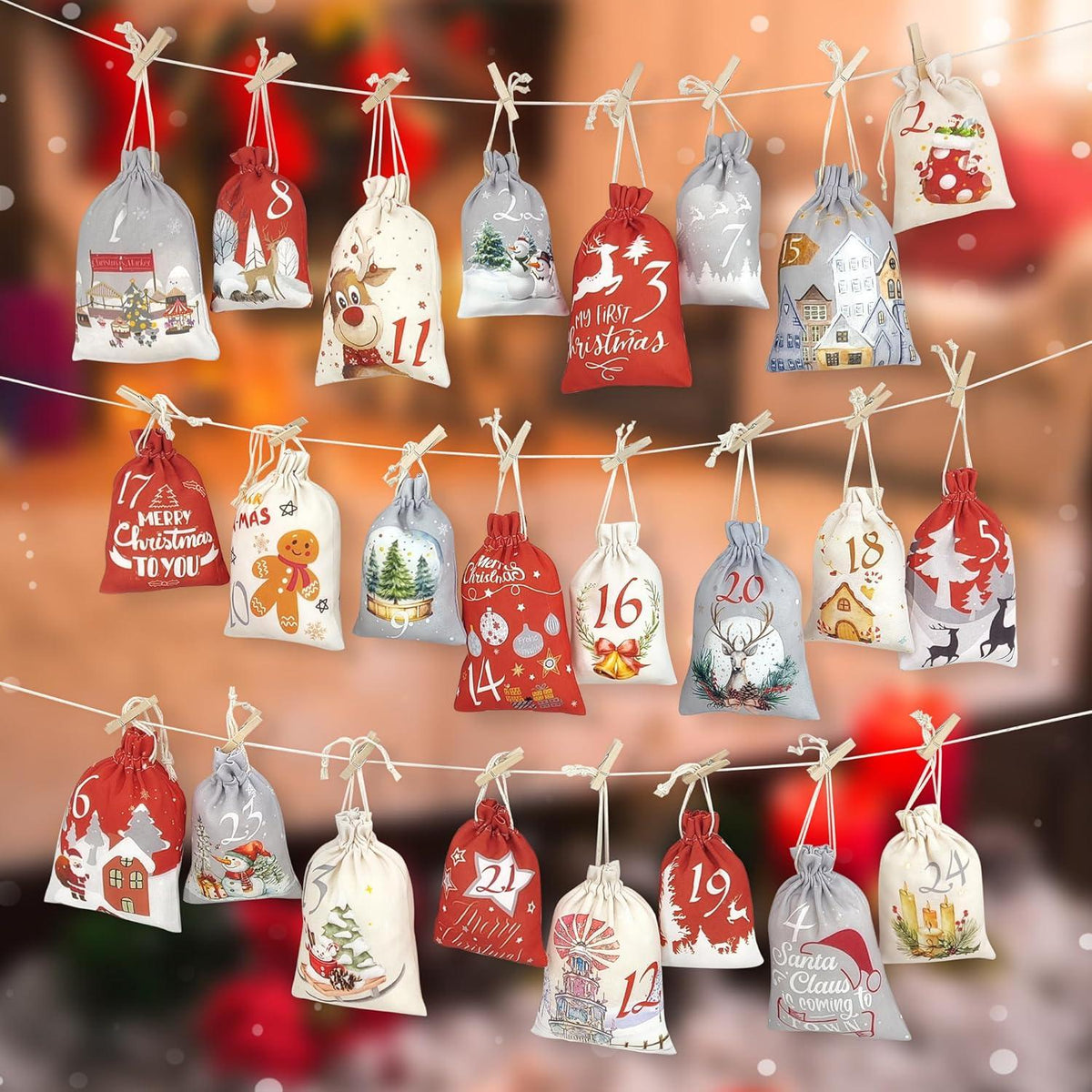 Adventskalender Säckchen Stoffbeutel 24tlg. Weihnachtsmotive Selbstbefüllen