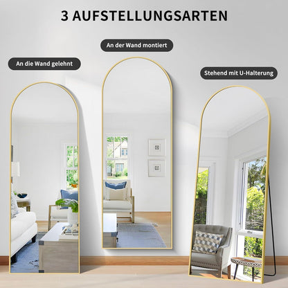 Großer Gewölbter Standspiegel mit Goldrahmen – 180 x 66 cm