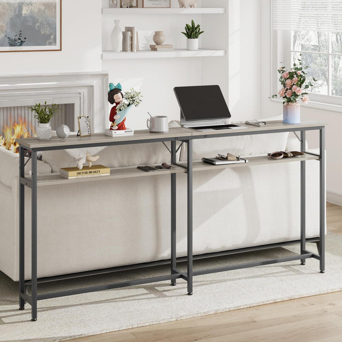 Konsolentisch schmal extra lang mit 2 Etagen und Stauraum, 180 cm, Grau