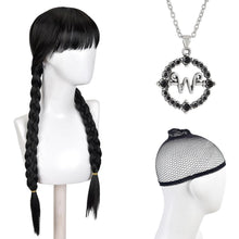 Mittwoch Cosplay Perücke mit Halskette – Schwarz mit Pony