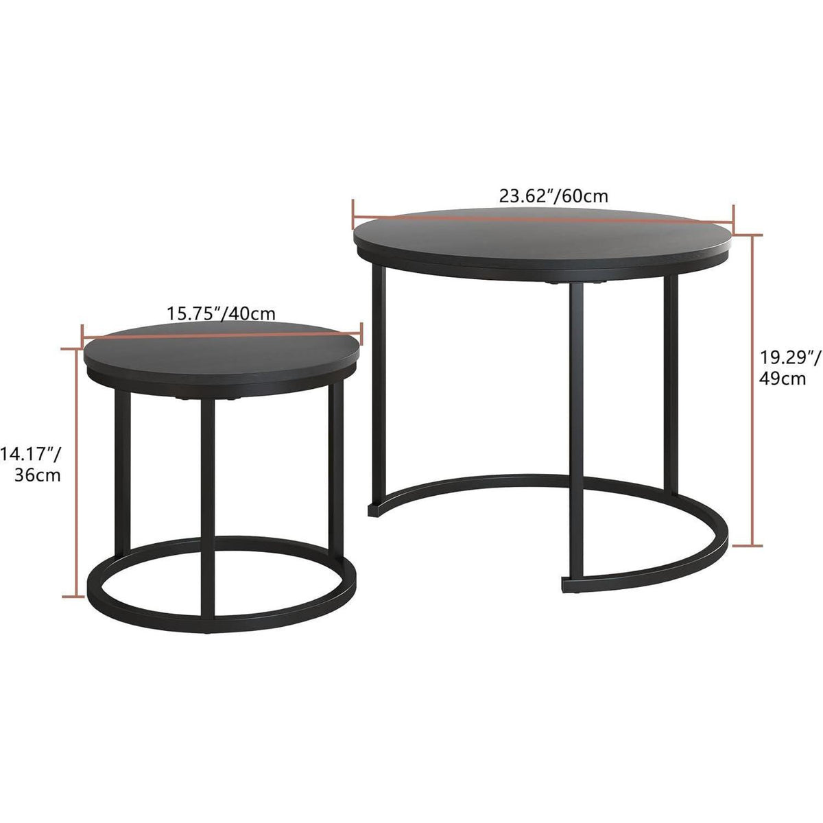 Runder Couchtisch 2er-Set, stapelbar, Holzoptik Schwarz