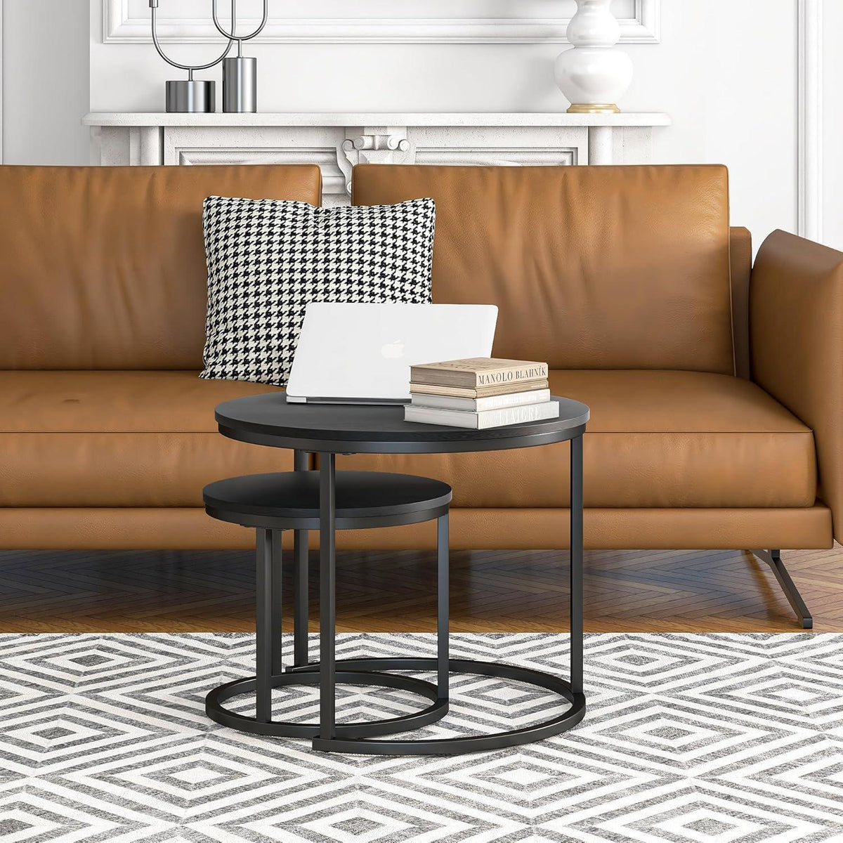 Runder Couchtisch 2er-Set, stapelbar, Holzoptik Schwarz