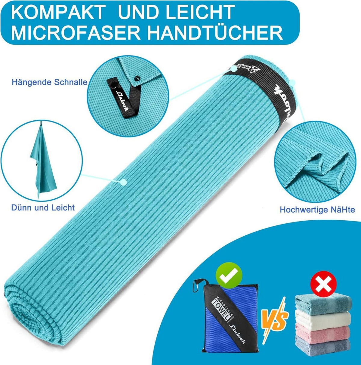 Mikrofaser Handtuch Set Fitness Sport Camping Reise 100x50cm 3er Blau