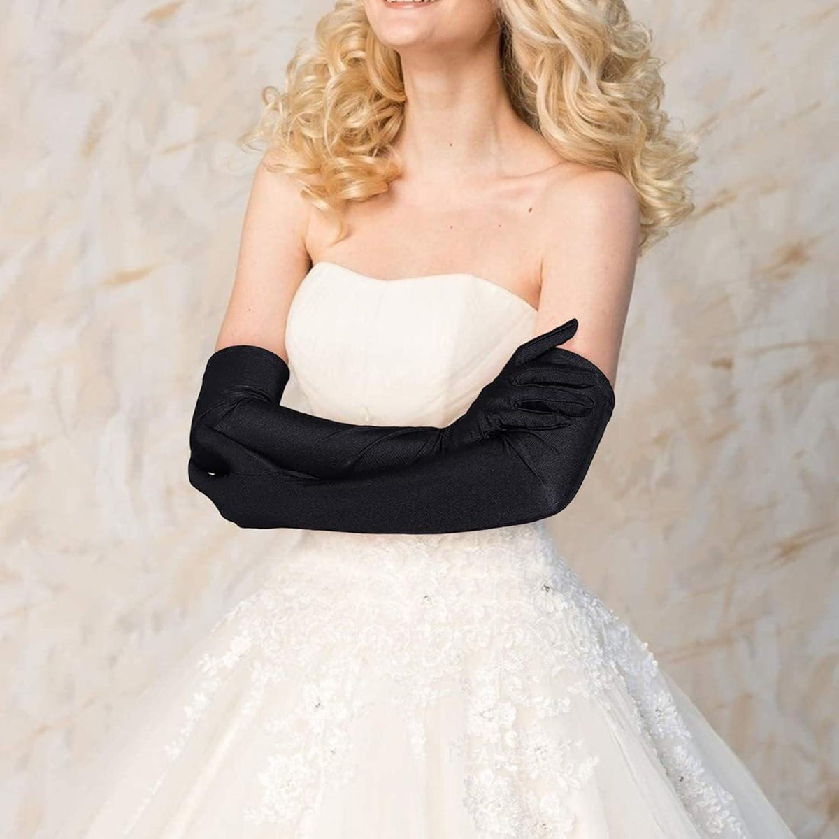 Lange schwarze Handschuhe elegant für Damen 53cm