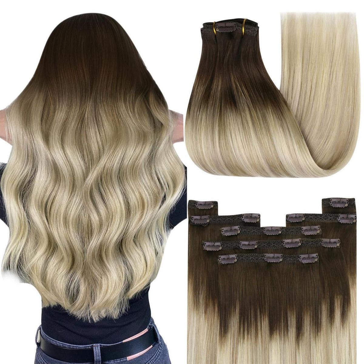Clip-in Echthaar Extensions Dunkelbraun Ombre Blond 50cm