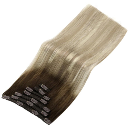 Clip-in Echthaar Extensions Dunkelbraun Ombre Blond 50cm