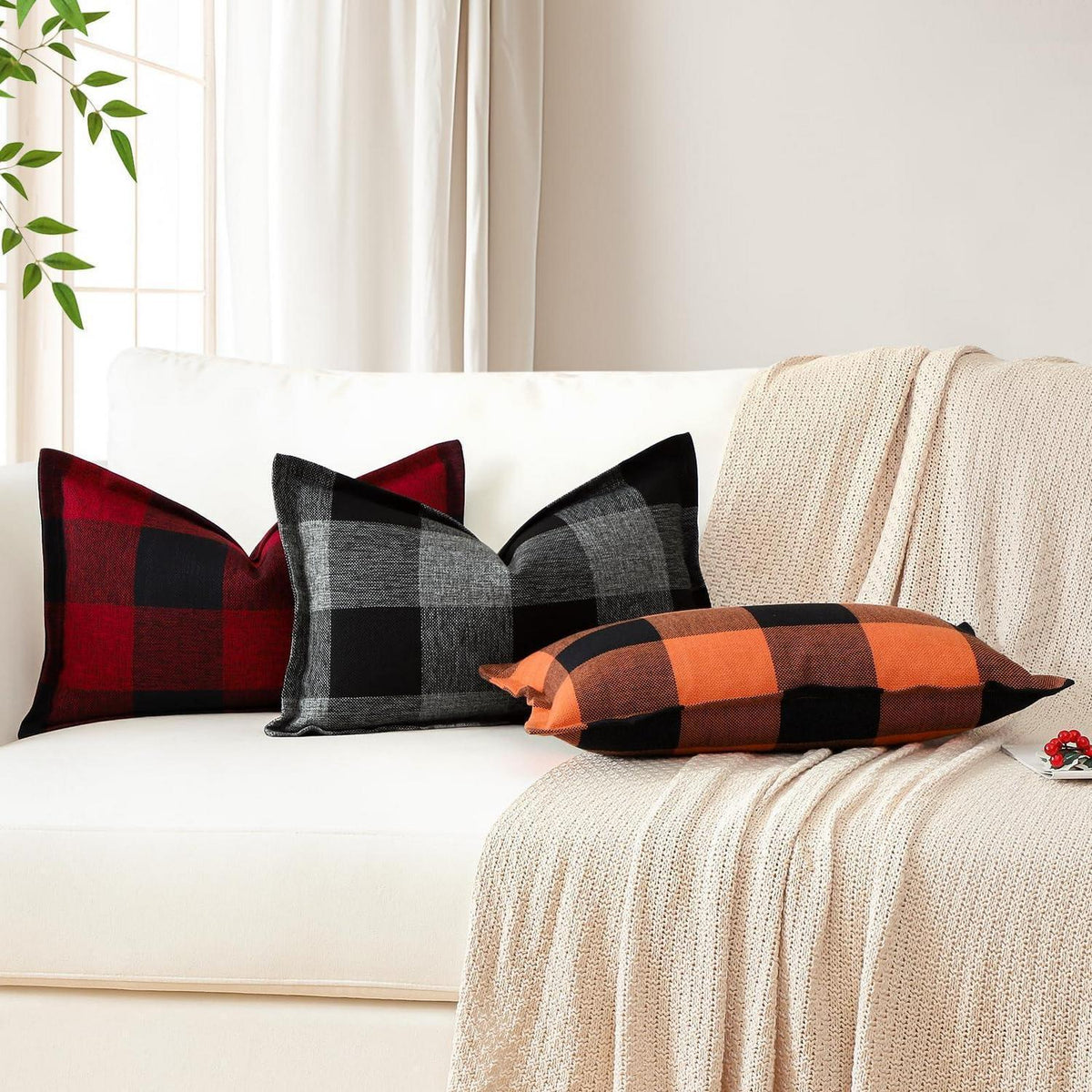2x Kissenbezug Buffalo Plaid Schwarz Orange 30x50cm