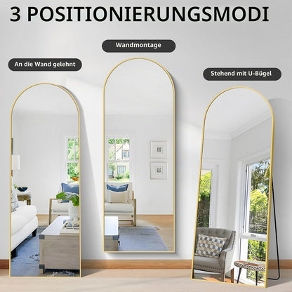 Großer Gewölbter Standspiegel 165x60cm mit Goldrahmen