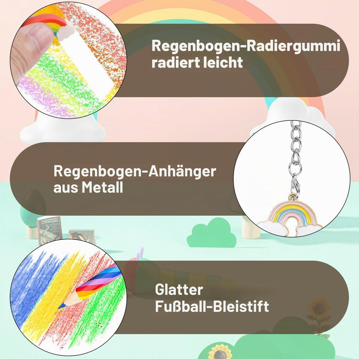 Regenbogen Stift Set 36tlg. mit Radiergummis & Schlüsselanhänger