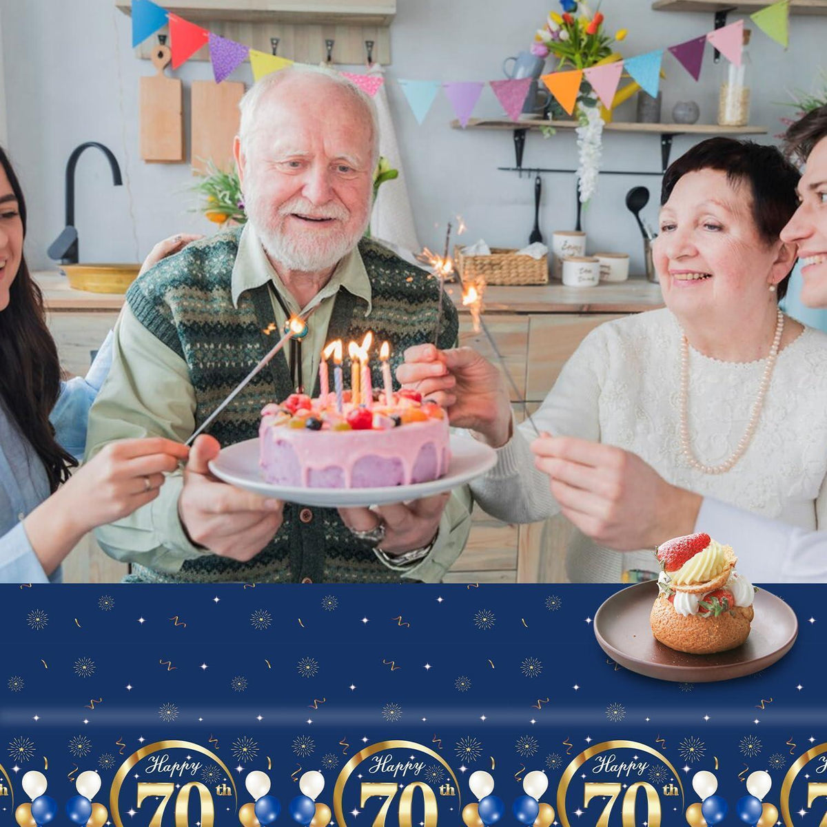 Tischdecke 70 Geburtstag – 2er Set Partydeko Blau Gold