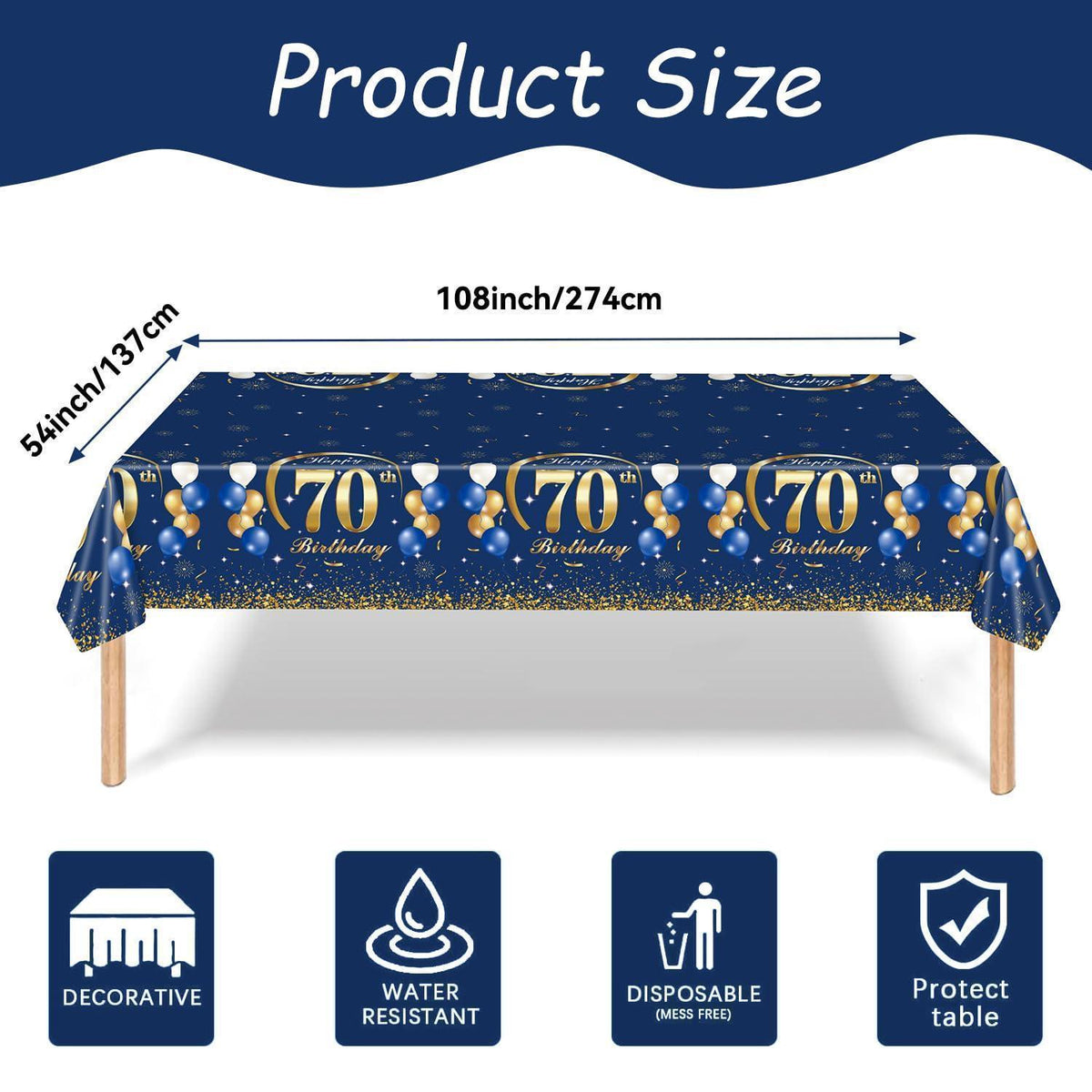 Tischdecke 70 Geburtstag – 2er Set Partydeko Blau Gold