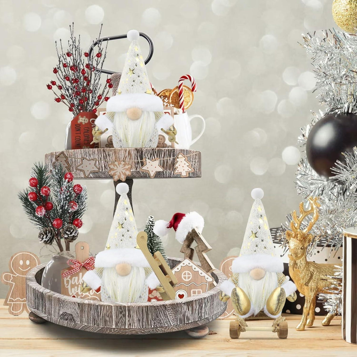 3er Set Weihnachtswichtel – Skandinavische Deko Figuren Weiß & Gold