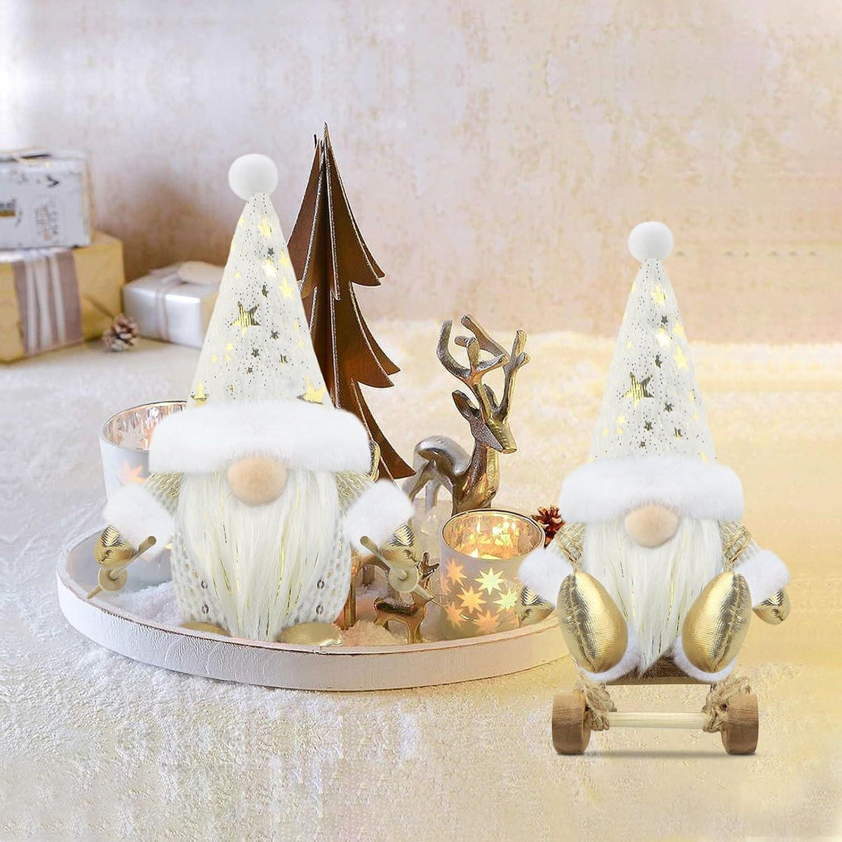 3er Set Weihnachtswichtel – Skandinavische Deko Figuren Weiß & Gold