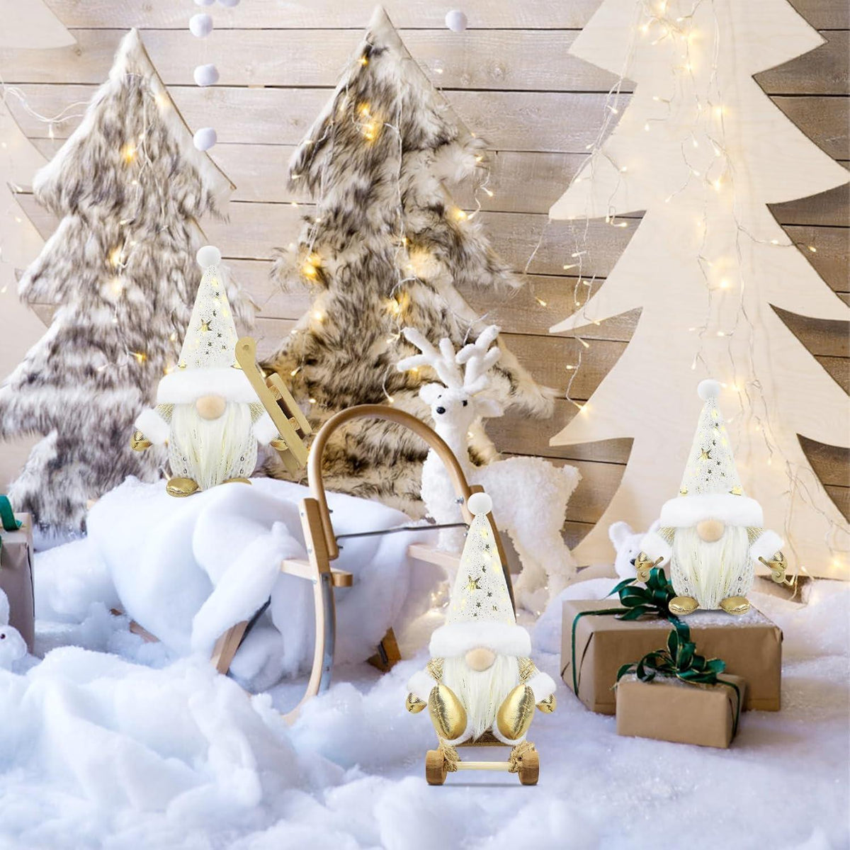 3er Set Weihnachtswichtel – Skandinavische Deko Figuren Weiß & Gold