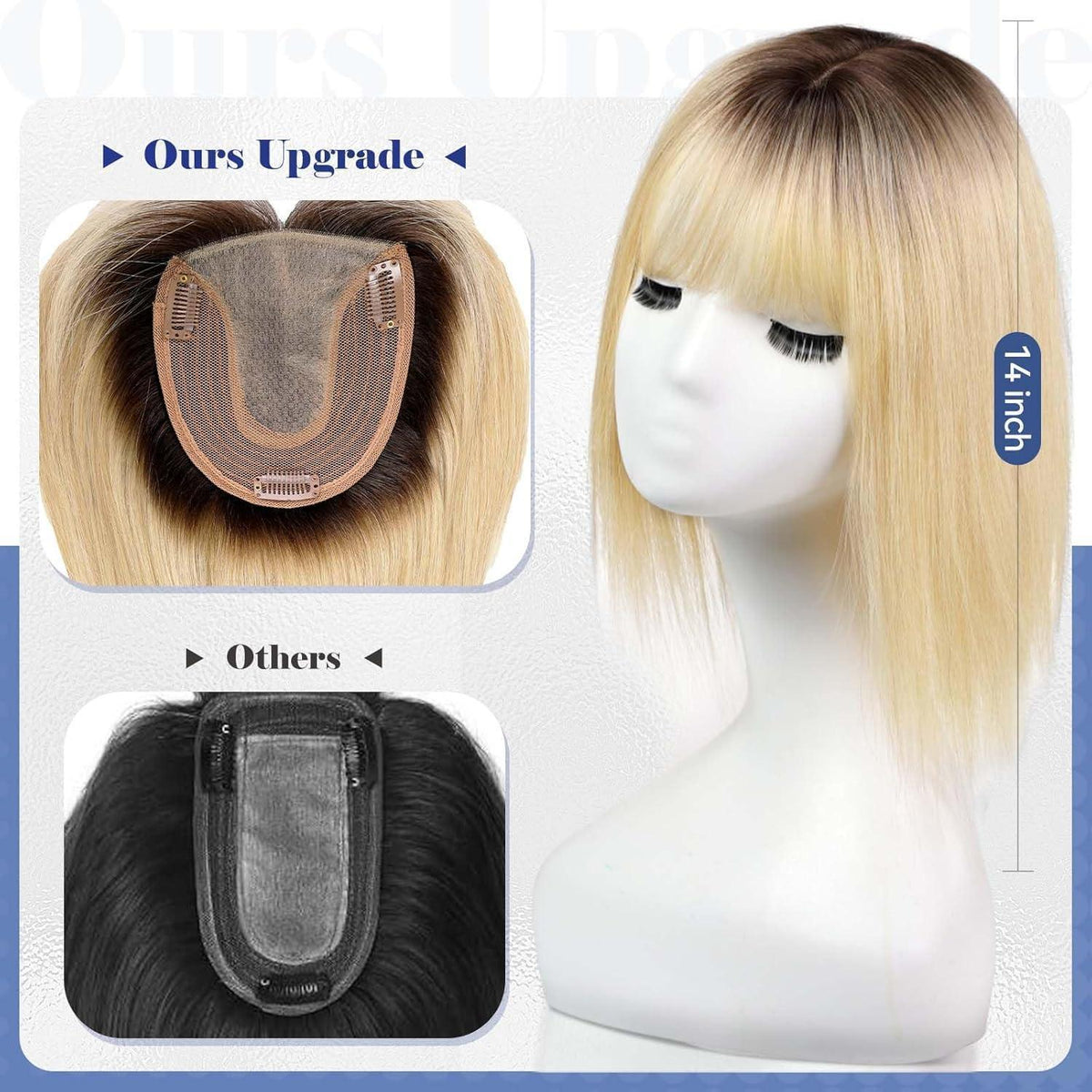 Echthaar Haarteil mit Pony, Ombré Hellblond, 14 Zoll