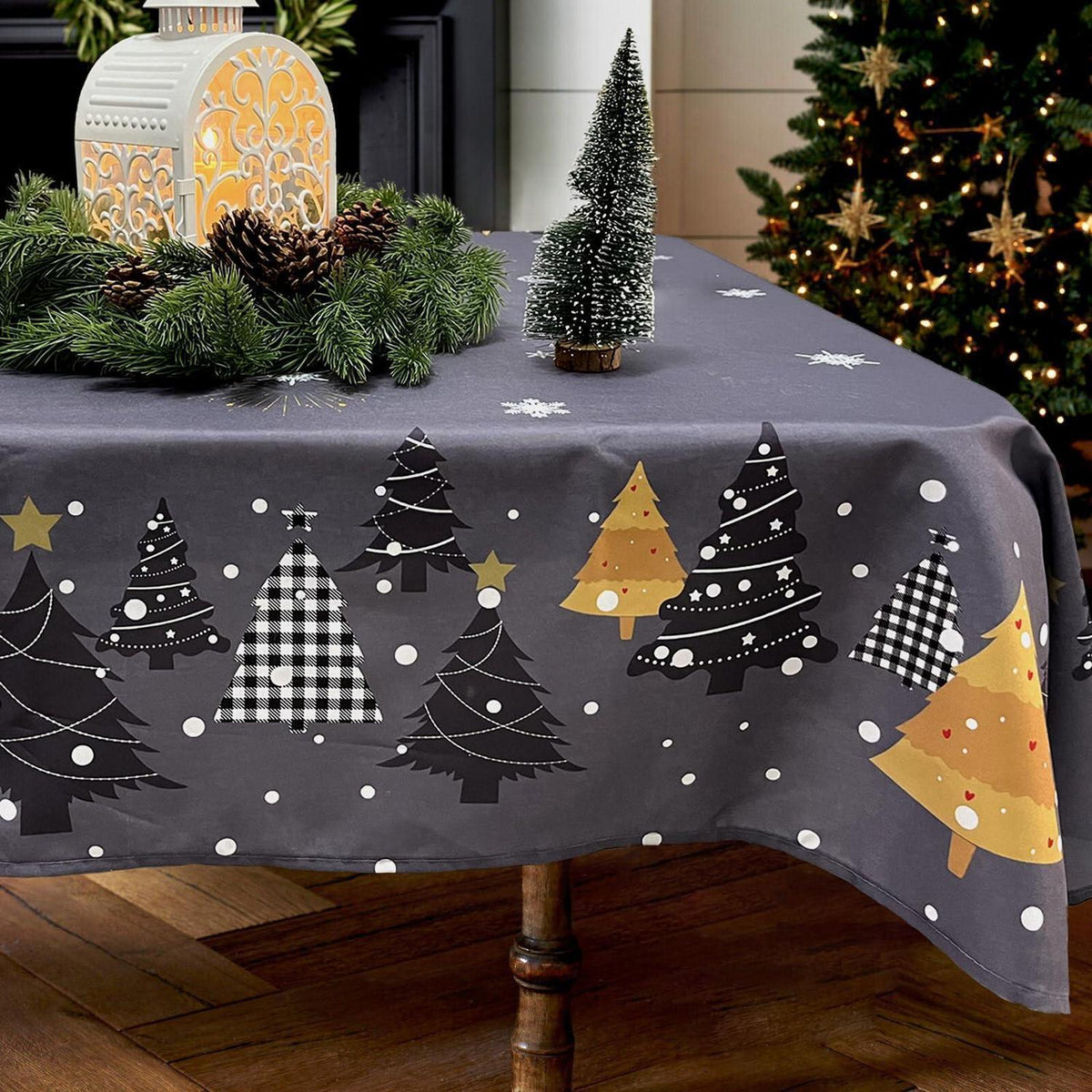 Weihnachts Tischdecke Dunkelgrau 150x300cm Wasserabweisend mit Schneeflocken