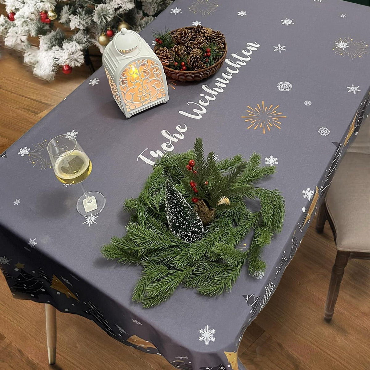 Weihnachts Tischdecke Dunkelgrau 150x300cm Wasserabweisend mit Schneeflocken