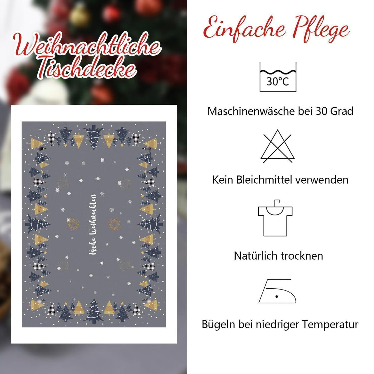Weihnachts Tischdecke Dunkelgrau 150x300cm Wasserabweisend mit Schneeflocken