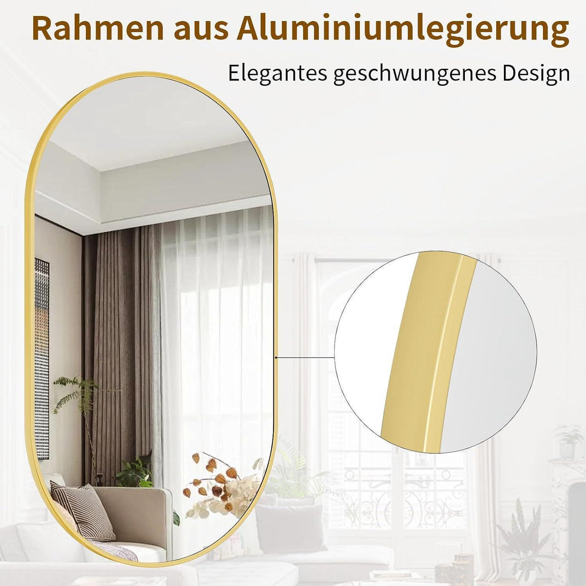 Ovaler Wandspiegel 43x76cm – Gehärtetes Glas, Gold