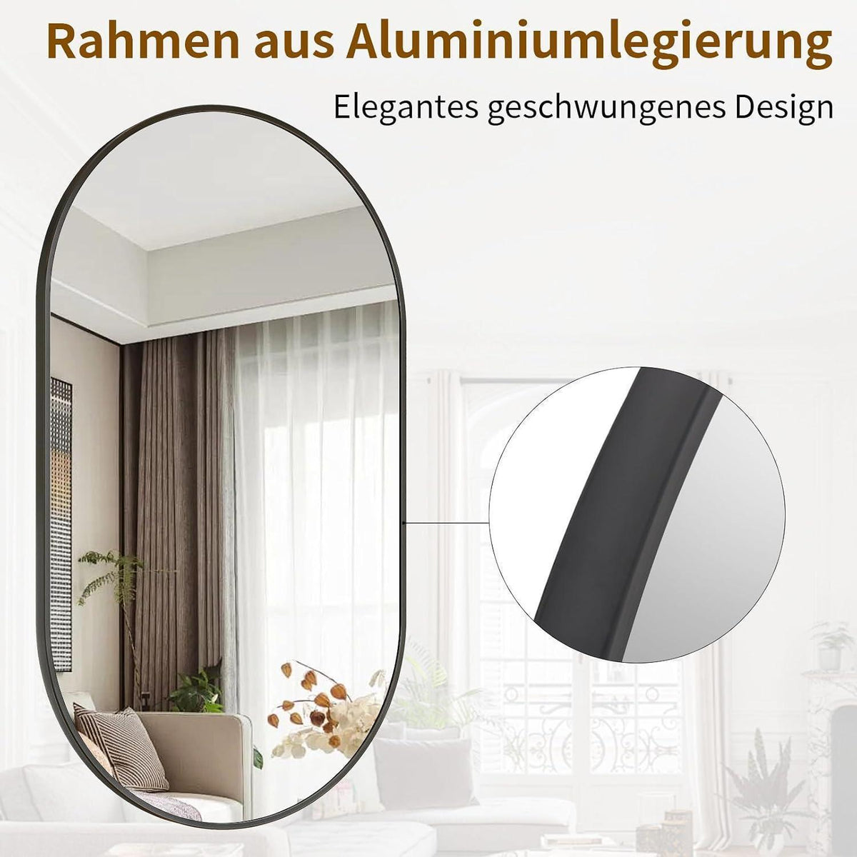 Ovaler Wandspiegel 30x60cm – Gehärtetes Glas, Schwarz