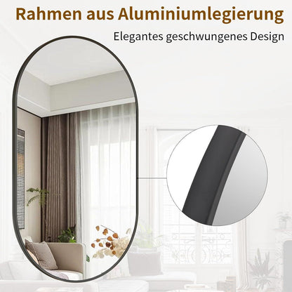 Ovaler Wandspiegel 30x60cm – Gehärtetes Glas, Schwarz