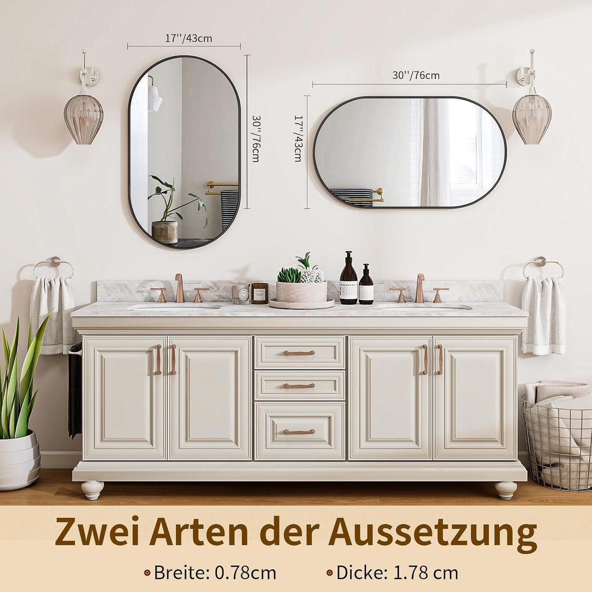 Ovaler Wandspiegel 43x76cm – Gehärtetes Glas, Schwarz