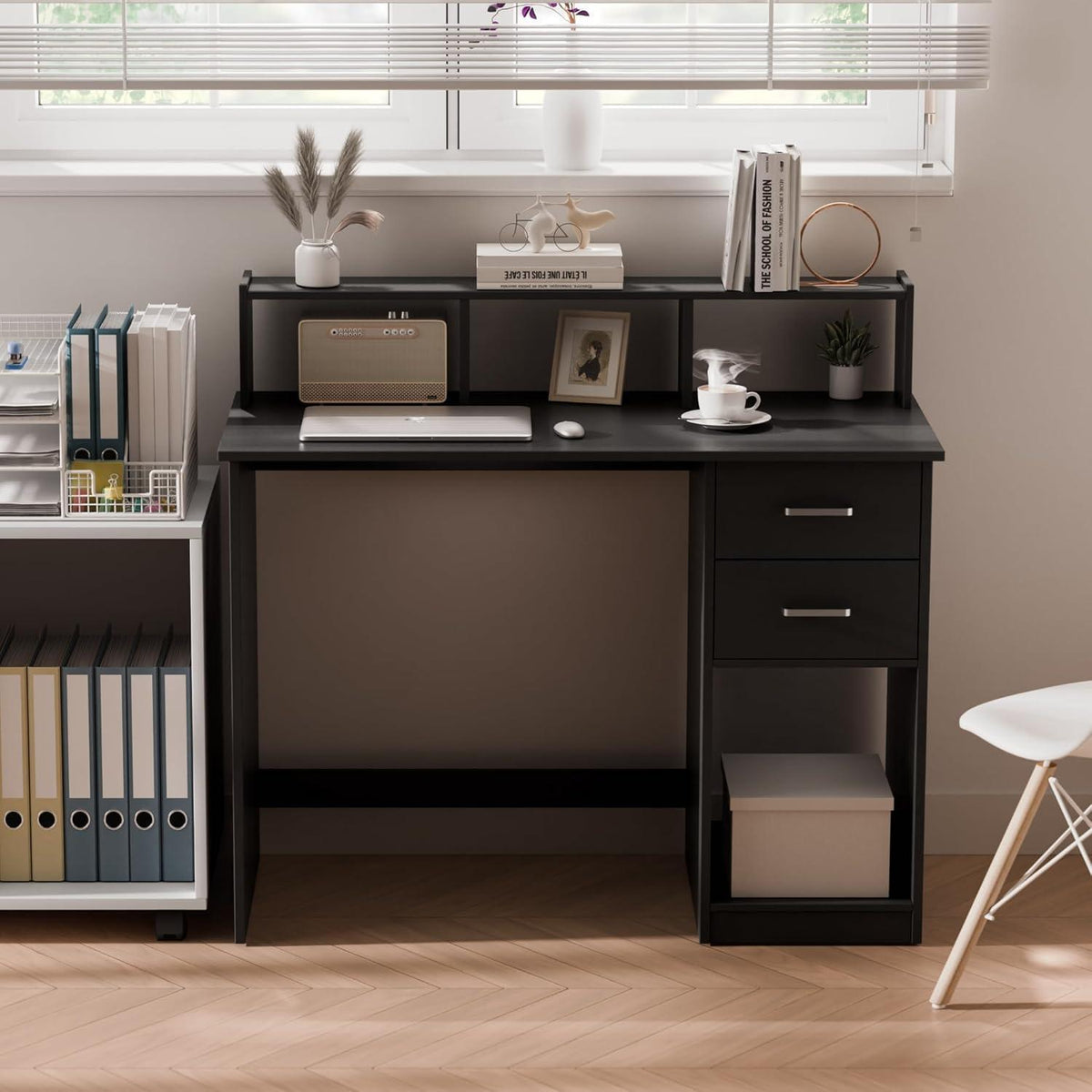 Schreibtisch mit Schubladen und Regal, Schwarz, 105cm