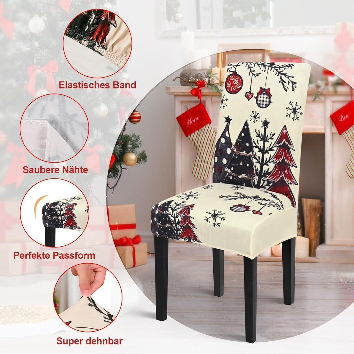 Weihnachts Stuhlhussen 6er Set - Elastisch & Waschbar