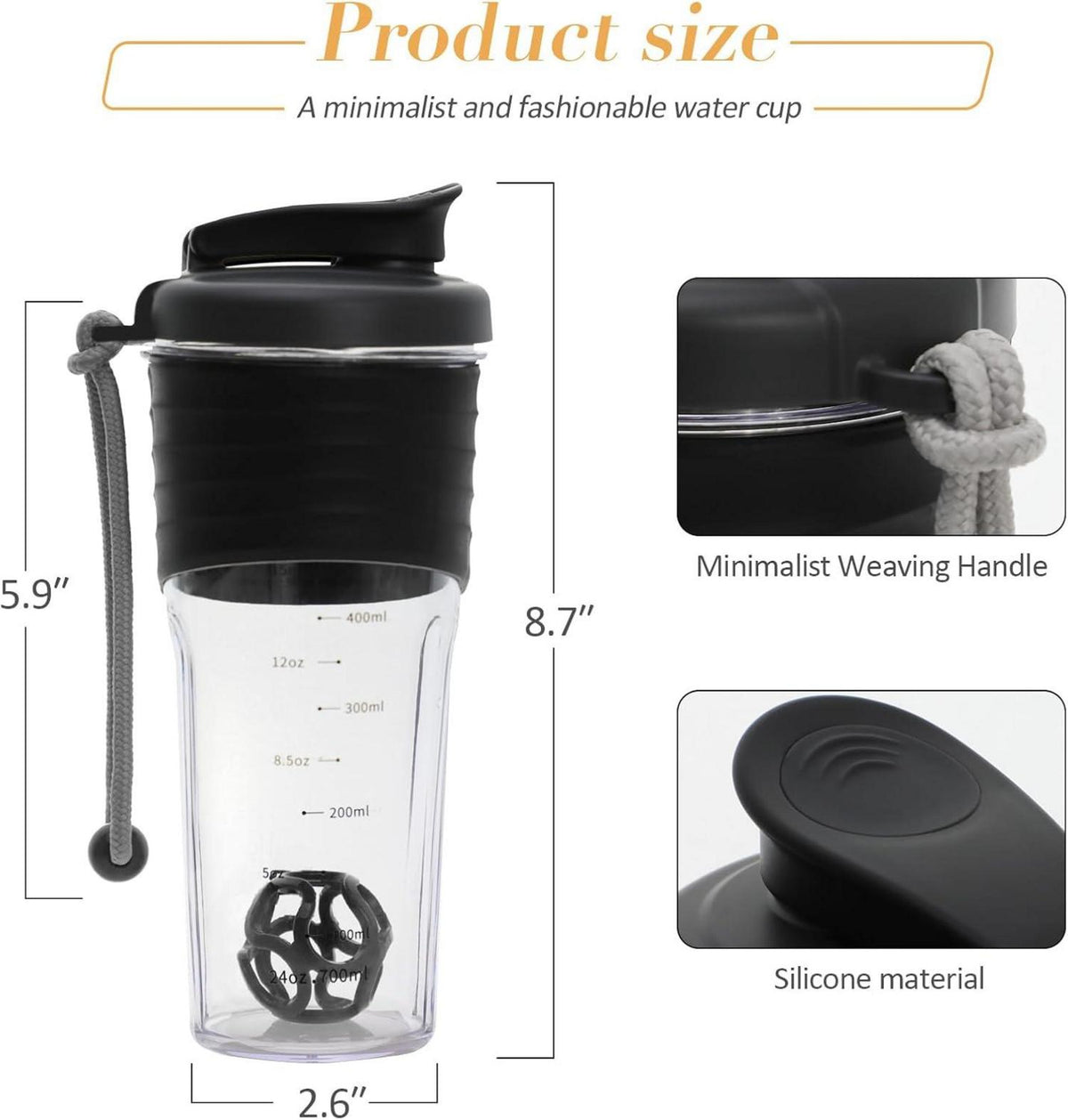 Premium Protein Shaker 700ml Schwarz - Leicht zu Reinigen, Auslaufsicher, Effektive Proteinmischung
