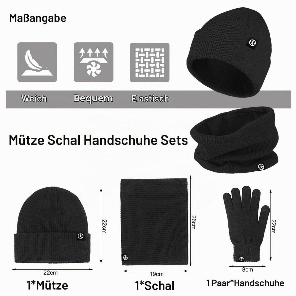3-teiliges Winterset: Mütze, Schal & Touchscreen-Handschuhe