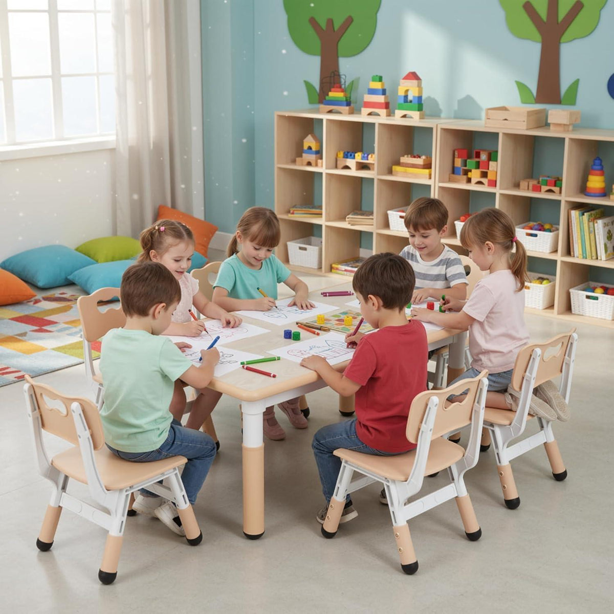 Kindertisch mit 6 Stühlen, höhenverstellbar, gelb