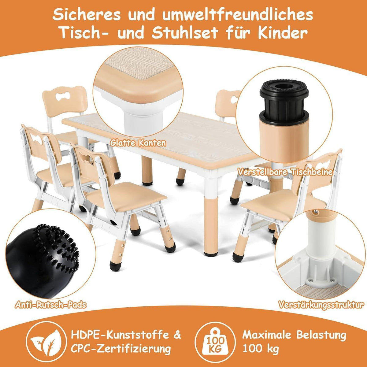 Kindertisch mit 6 Stühlen, höhenverstellbar, gelb