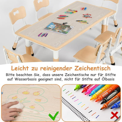 Kindertisch mit 6 Stühlen, höhenverstellbar, gelb