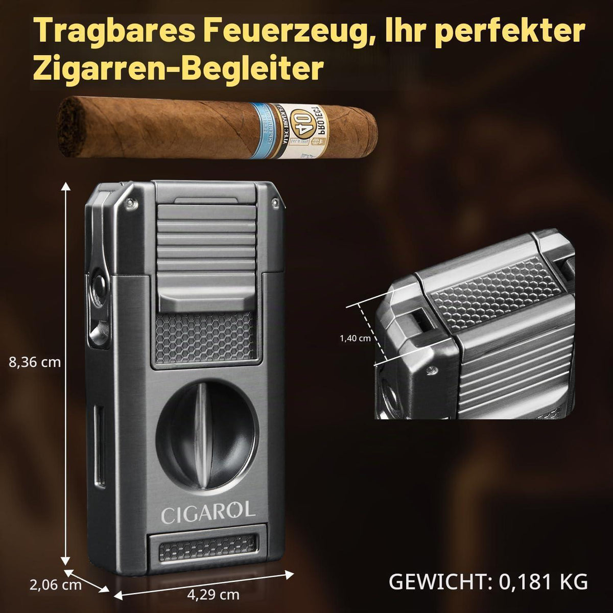 5-in-1 Sturmfeuerzeug mit Zigarrenschneider – Grau