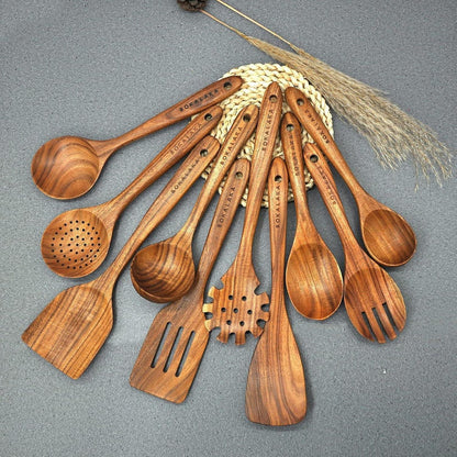 10-teiliges Holzlöffel-Set aus Teakholz – Küchenutensilien