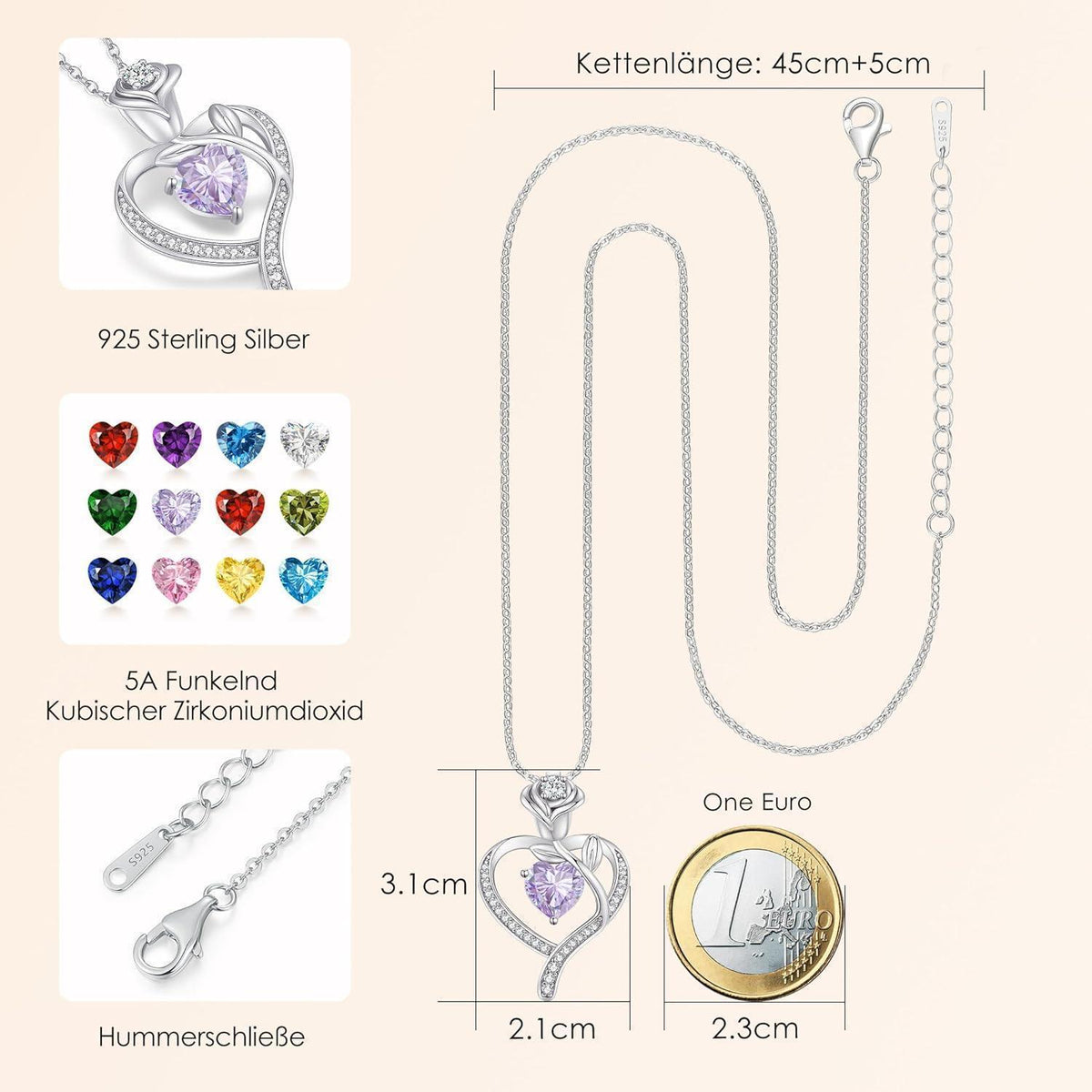 Herz Halskette Rosegold mit Geburtsstein aus 925 Sterling Silber