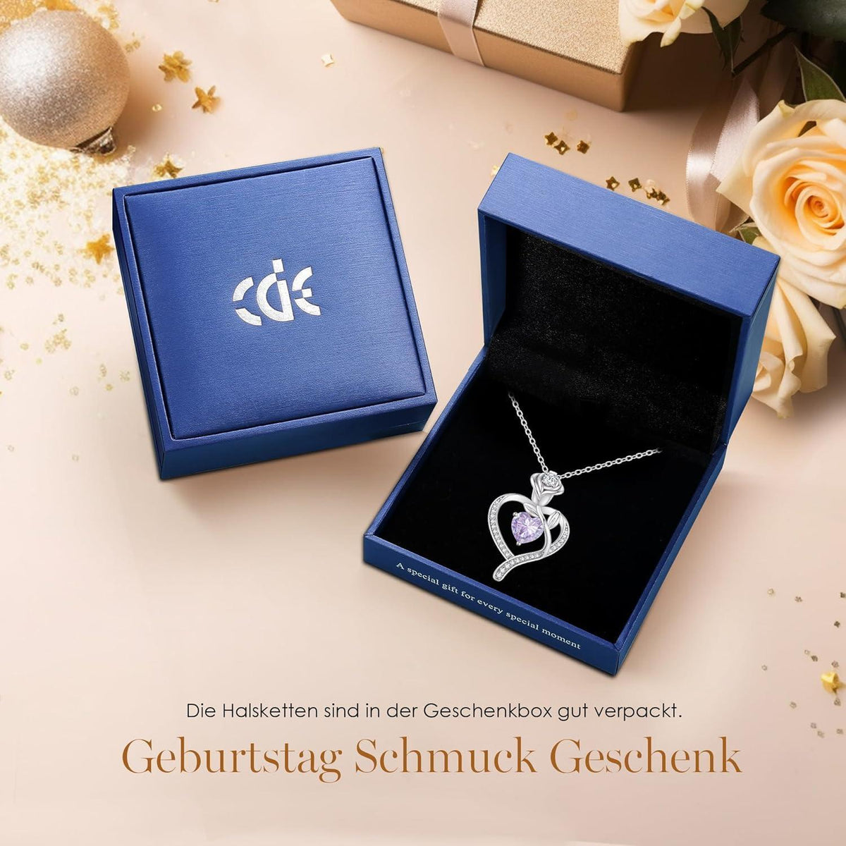 Herz Halskette Rosegold mit Geburtsstein aus 925 Sterling Silber