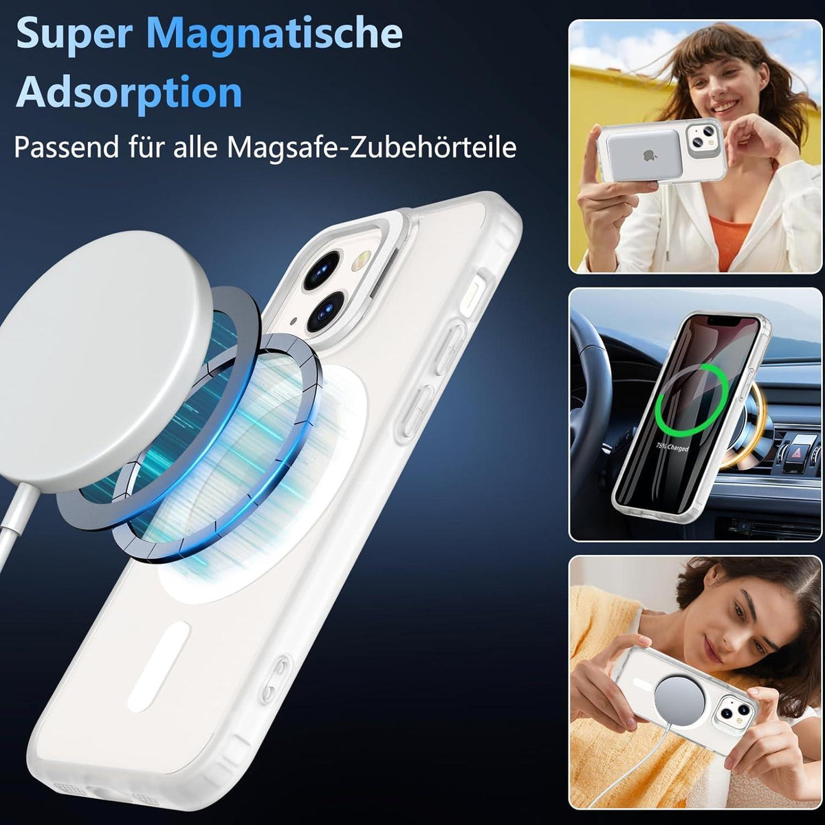 iPhone 13/12 Mini Hülle mit Ständer, MagSafe, Panzerglas, matt durchscheinend