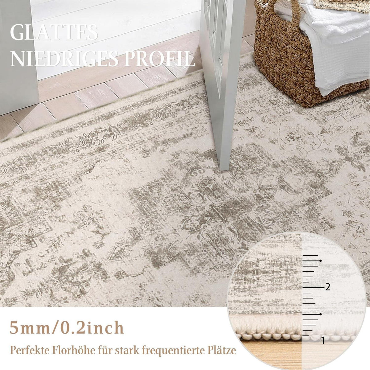 Vintage Teppich Beige 150x210cm Waschbar – Wohnzimmer Teppich