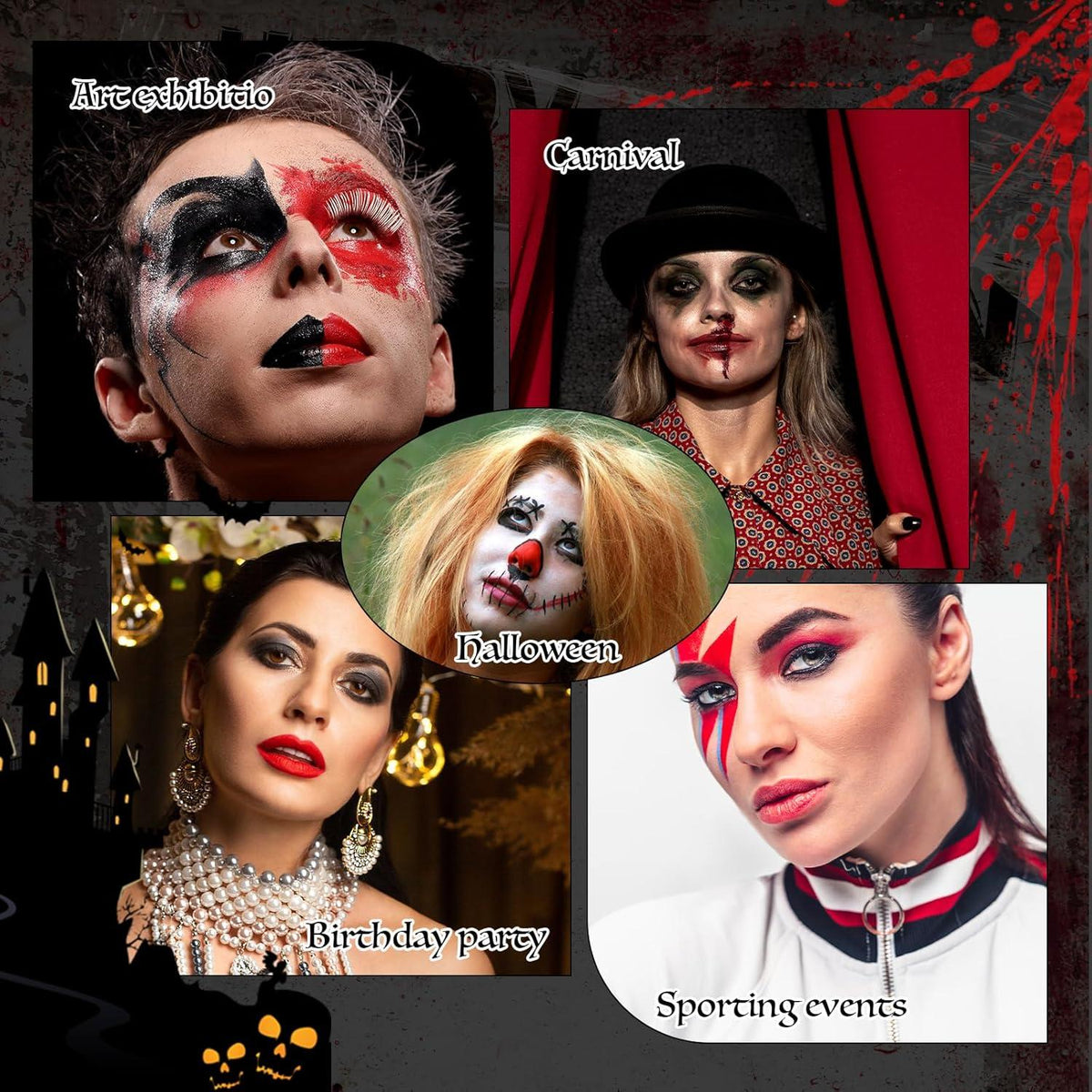 Halloween SFX Make-up Set Schwarz Grau Rot Kunstblut Vampirgebiss