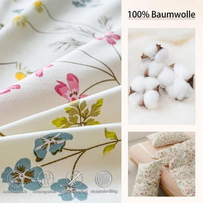 Baumwoll Bettwäsche Set Blumen Beige Rosa 155x220 cm