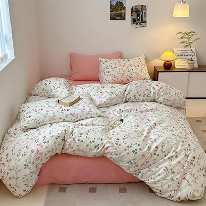 Baumwoll Bettwäsche Set Blumen Beige Rosa 200x220 cm