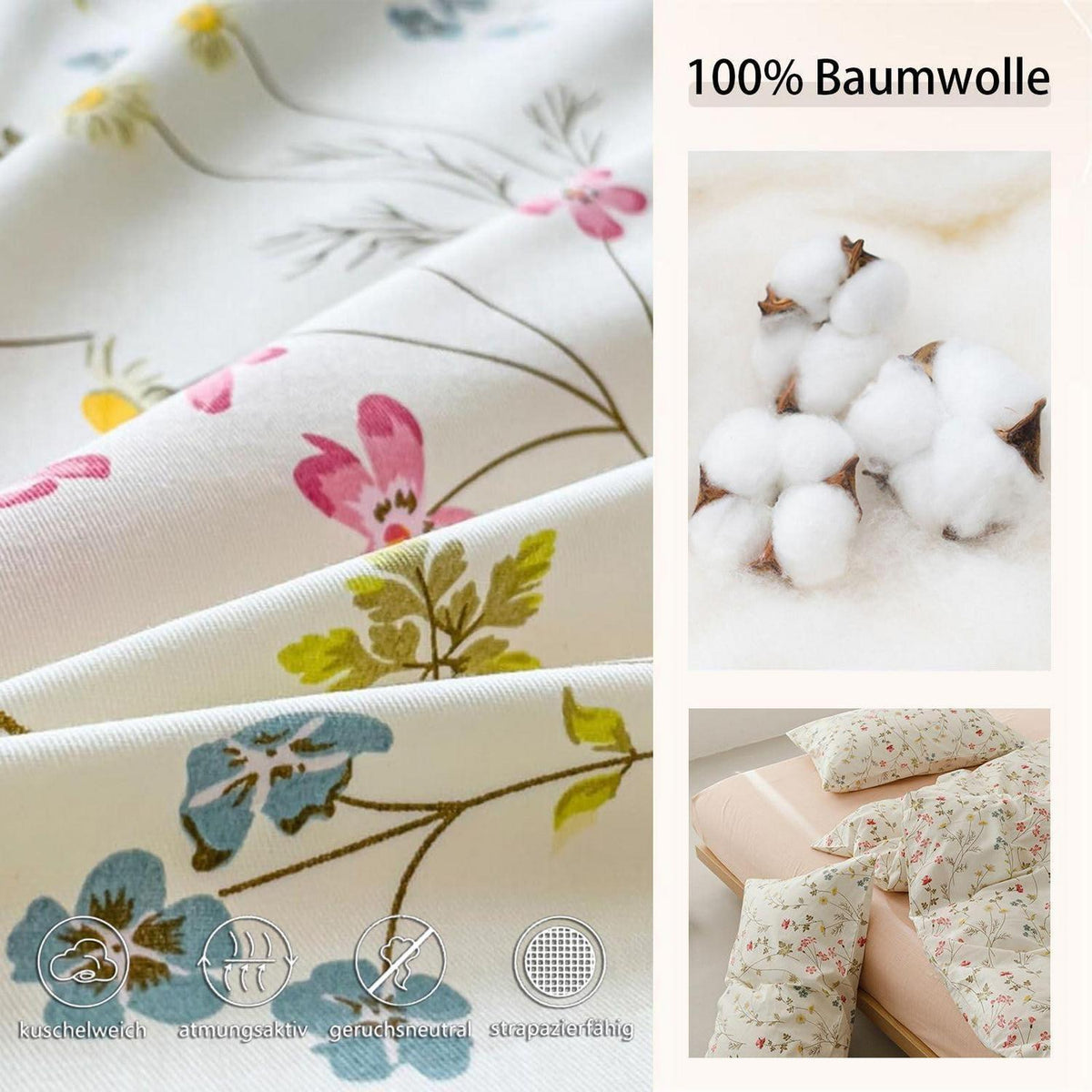 Baumwoll Bettwäsche Set Blumen Beige Rosa 200x220 cm