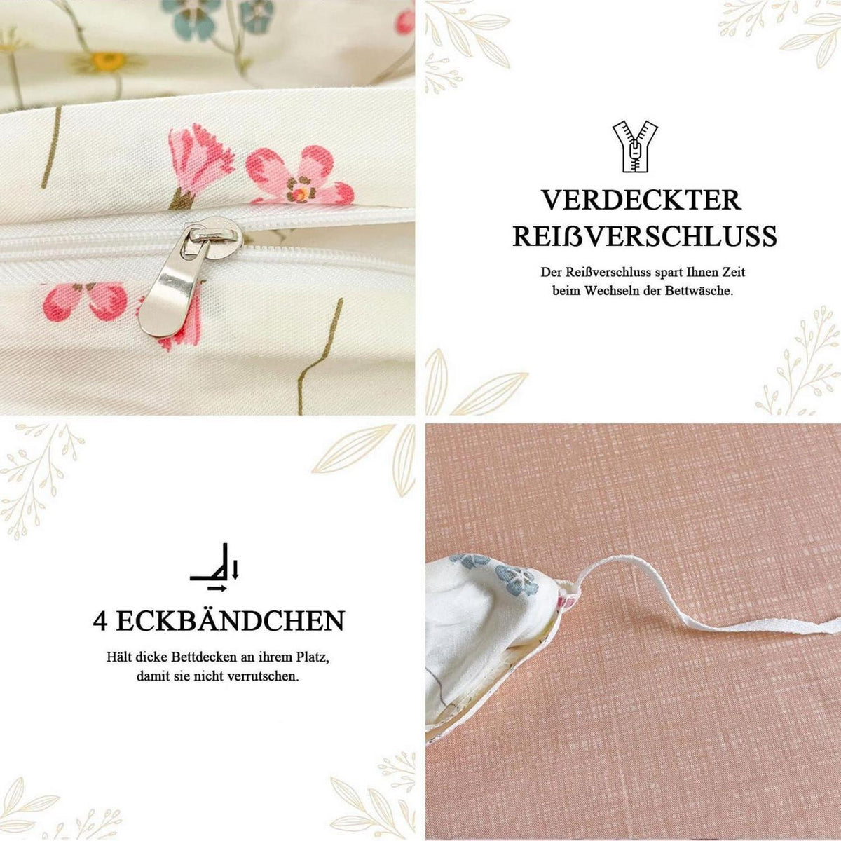 Baumwoll Bettwäsche Set Blumen Beige Rosa 200x220 cm